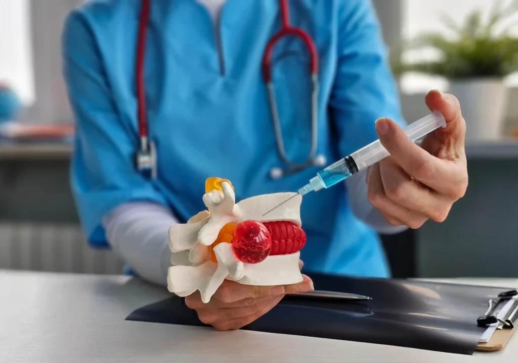 Médico segurando uma seringa numa seção de uma representação da coluna, mostrando como acontecem as infiltrações e bloqueios da dor